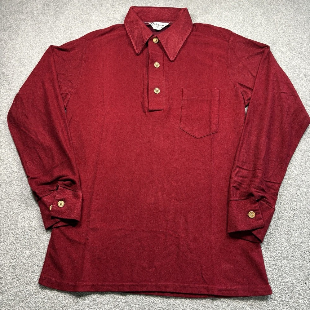 1970s Velour Red Henley Shirt True Vintage Mens Size Medium Long Sleeves Retro